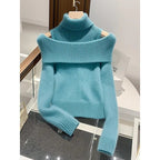 Soft Glutinous Idle Style Off-the-shoulder Bulky Turtleneck In Apricot Sweater Pi-Mart