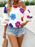 White Color Flower Asymmetrical Neck Blouse | Femstylo - SJB-DIAMOND ELITES