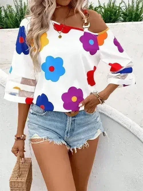 White Color Flower Asymmetrical Neck Blouse | Femstylo - SJB-DIAMOND ELITES