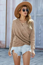 Fashion Khaki Deep V-neck Long Sleeve Knit Sweater - SJB-DIAMOND ELITES