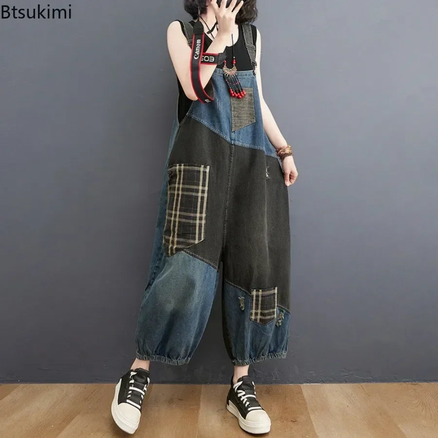 Oversized Denim Straps Pants Women's Fashion Plaid Patchwork Jumpsuits Casual Loose Ladies Wide Leg Reducing Age Jeans Rompers Purplish Diva
