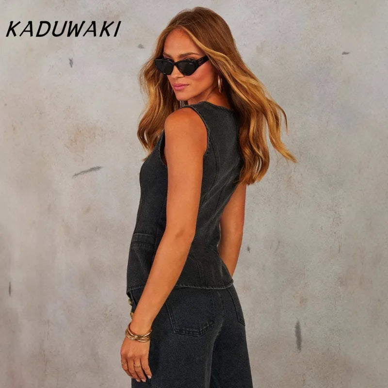 KADUWAKI Slim Denim Waistcoat Jeans 2pc Women Elegant Single Breasted O Neck Vest Wide Leg Pants Spring Lady High Street Outfits Purplish Diva