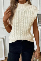 Cable Knit Sweater Vest – High Neck & Textured Oatmeal