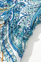 Blue Bohemian Paisley Floral V Neck Puff Sleeve Mini Dress