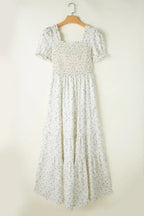 White Frill Neckline Shirred Bodice Floral Maxi Dress