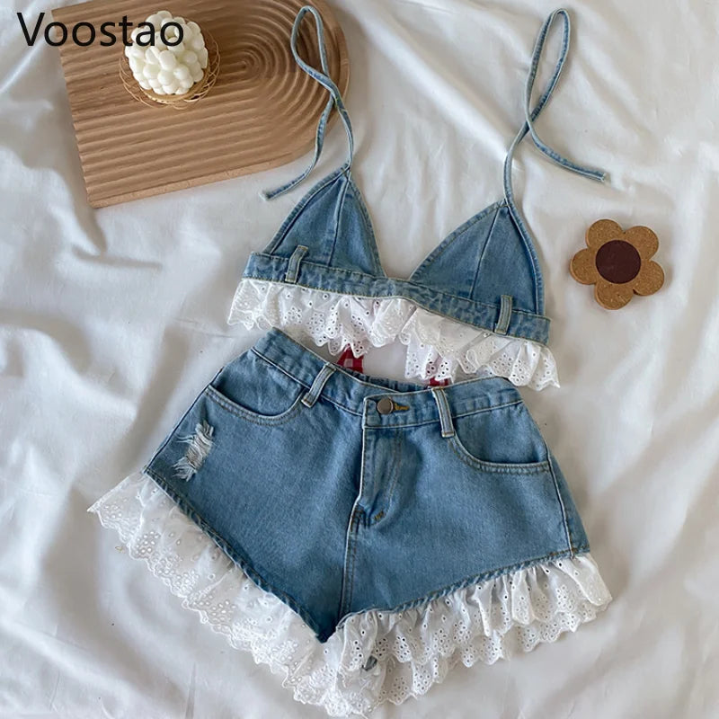Summer Sweet Lolita Style Denim Shorts Sets Girls Sexy Lace Bandage Camisole Crop Tops Ruffles Jeans Short Pants Women 2PC Set Purplish Diva