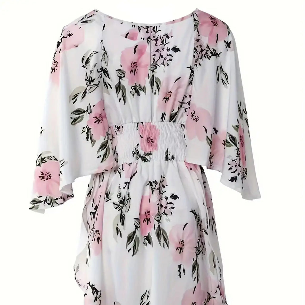 Ladies' Floral Print Waist With Ruffled Edges, Big V-neck, Sexy Asymmetrical Hem, Elegant Seaside Vacation Style Short Dress - SJB-DIAMOND ELITES