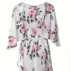 Ladies' Floral Print Waist With Ruffled Edges, Big V-neck, Sexy Asymmetrical Hem, Elegant Seaside Vacation Style Short Dress - SJB-DIAMOND ELITES