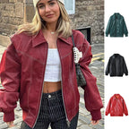 Loose Fashion Lapel Zip-up Jacket Cool Long Sleeve Zipper Closure Moto Biker Leather Jacket Womens Clothing Pi-Mart