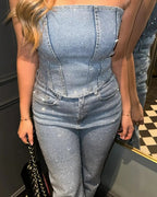 CPSYMYM Rhinestones Denim Vest Jeans Set Women Sexy Slim Sleeveless Strapless Empire Waist Zipper Pocket Pencil Trouser  Summer Purplish Diva
