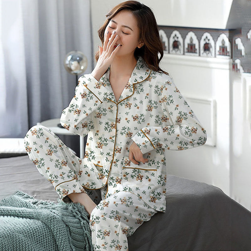 Elegant Women's Autumn And Winter Cotton-like Long Pajamas Two-piece Set Pi-Mart