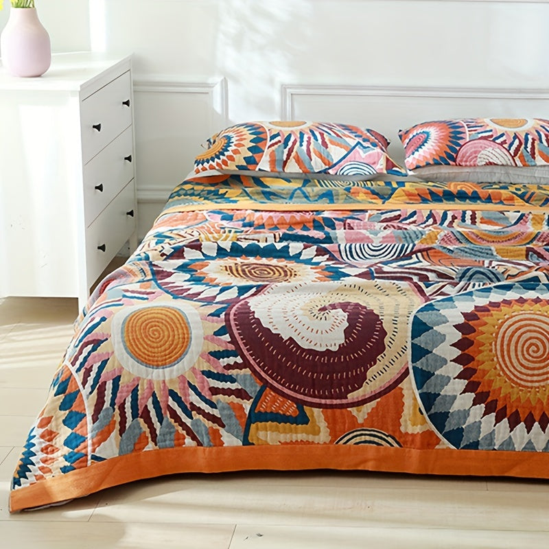 4 Layers Boho Style Gauze Blanket Set - Soft, Breathable, Lightweight, 100% Cotton, Colorful Muslin Throw Blanket for All Seasons with 1 Boho Gauze Blanket and 2 Pillow Covers without Pocket