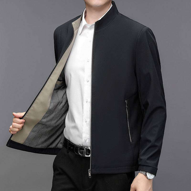 Men's Stand Collar Casual Jacket - Lightweight Middle-Aged Outerwear (Blue/Black/Brown, Sizes 170-195cm) Pi-Mart