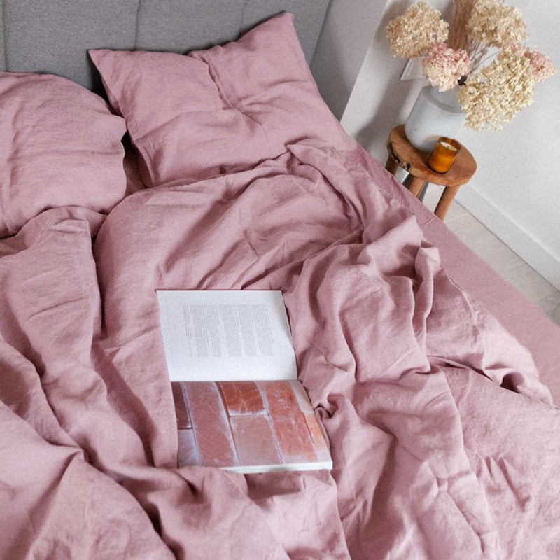 Linen four-piece set Nordic style solid color washed antibacterial bed linen bed sheet quilt cover bedding ins wind three-piece set Pi-Mart