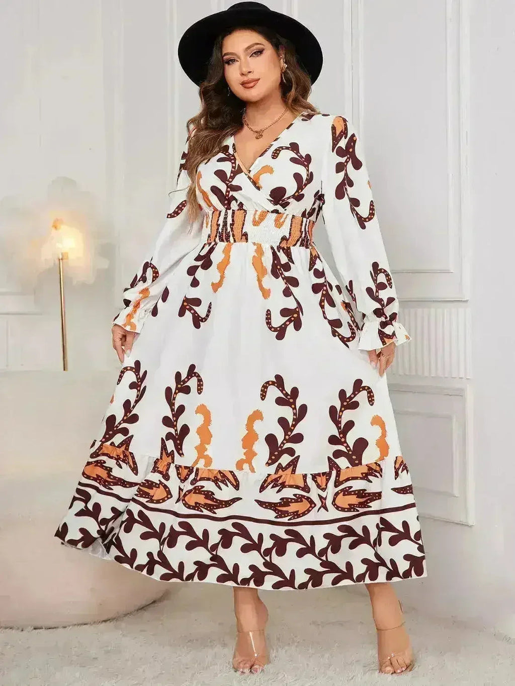 Plus Size Surplice Dress - Flounce Sleeve & Ruffled Hem | Femstylo