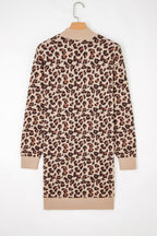 Khaki Leopard Print High Neck Shift Mini Sweater Dress - Femstylo