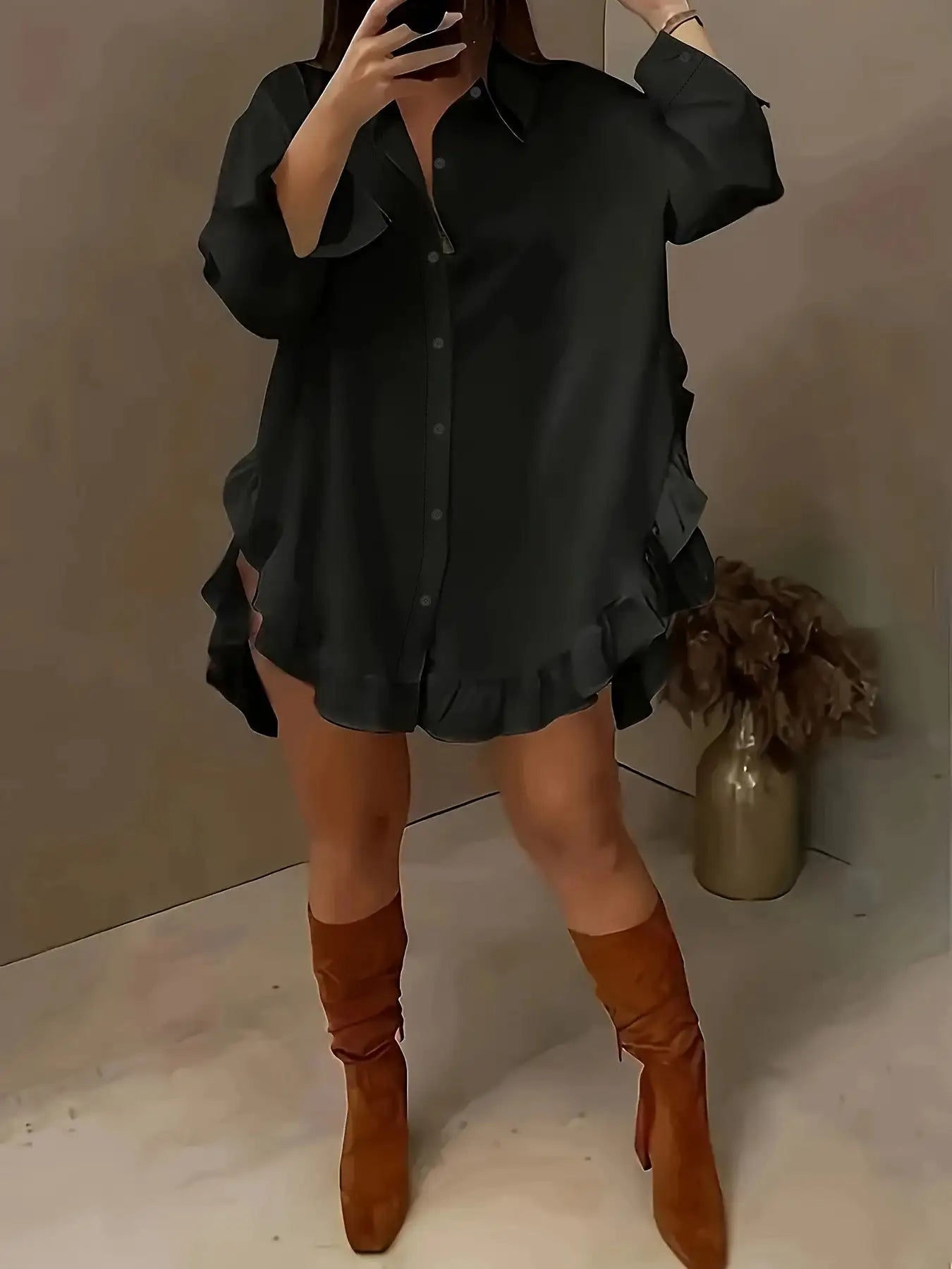 Hem Ruffled Casual Long Sleeve Shirt - SJB-DIAMOND ELITES