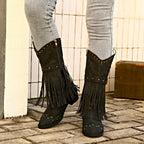 Retro Tassel Boots With Rivet Strap Buckle Design Shoes For Women Winter Footwear Fashion Mid-calf Square Heel Knight Western Boots Pi-Mart