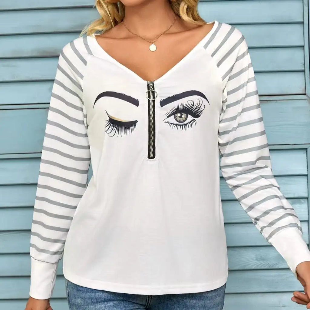 Ladies' Casual Striped See Through Mesh Raglan Long Sleeved V-neck T-shirt Top - SJB-DIAMOND ELITES