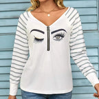 Ladies' Casual Striped See Through Mesh Raglan Long Sleeved V-neck T-shirt Top - SJB-DIAMOND ELITES