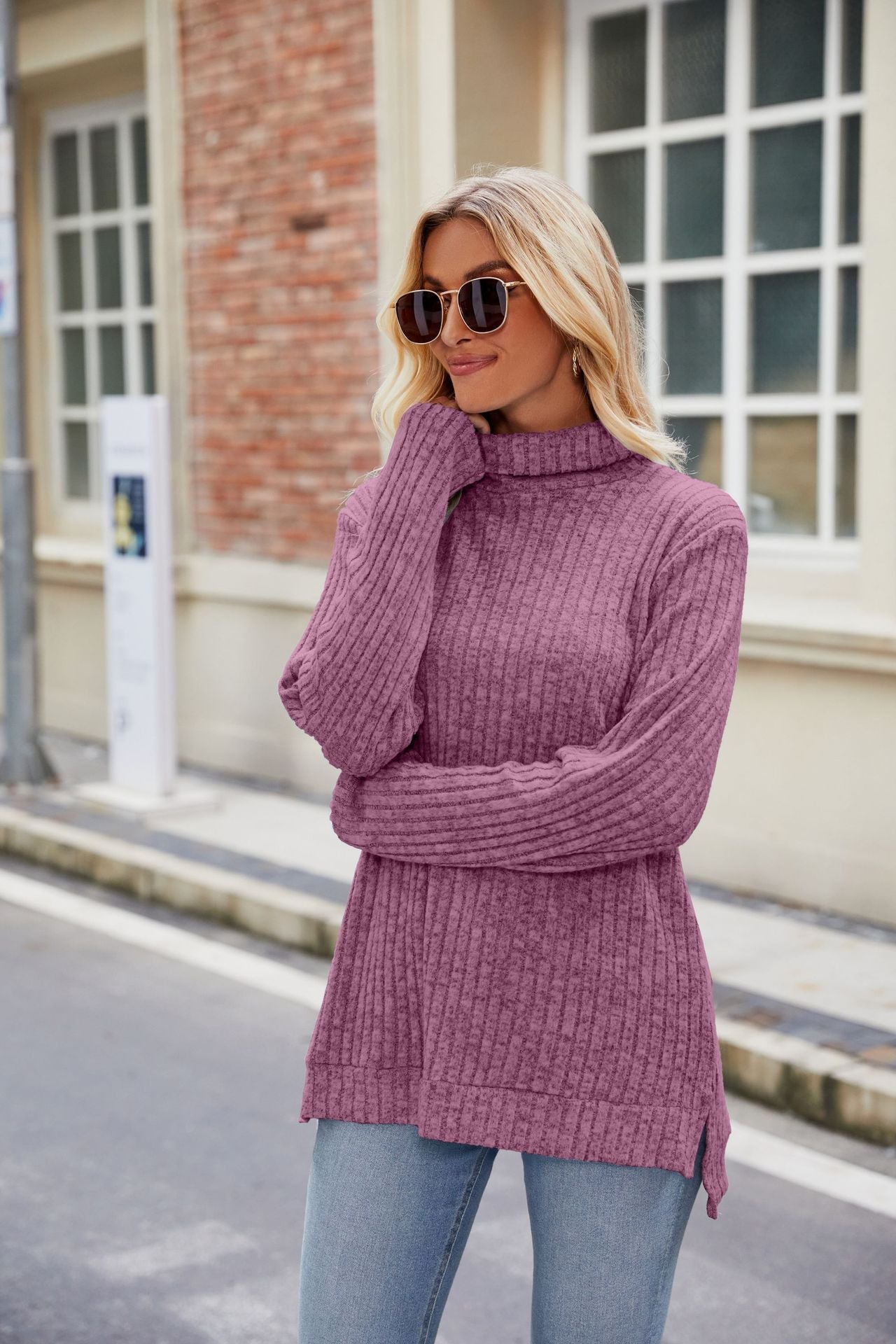 High Collar Loose Long Sleeve Split T-shirt Top For Women Pi-Mart