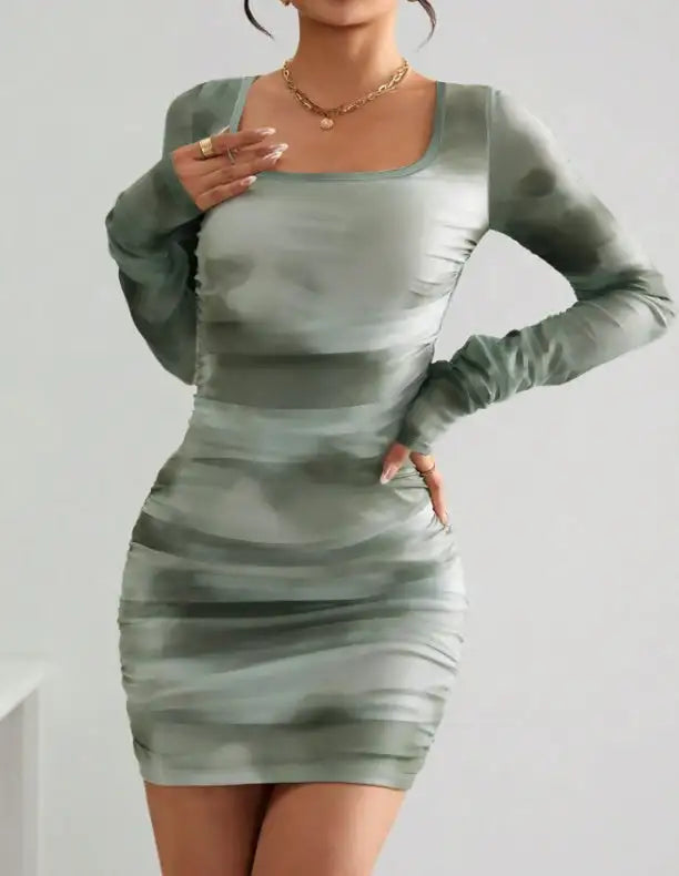 Ladies' Square Neck Printed Fashionable Slim Fit Dress With A Wrapped Buttocks - SJB-DIAMOND ELITES