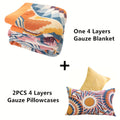 4 Layers Boho Style Gauze Blanket Set - Soft, Breathable, Lightweight, 100% Cotton, Colorful Muslin Throw Blanket for All Seasons with 1 Boho Gauze Blanket and 2 Pillow Covers without Pocket