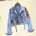 Autumn Denim Jacket Women Flowers Embroidery Sequins Jeans Coat Loose Long Sleeve Casual Student Short Clothes Streetwear H302 Purplish Diva