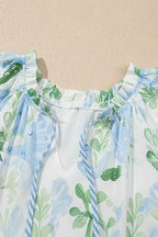 Sky Blue Floral Contrast Edge Ruffle Sleeve Tie Neck Mini Dress