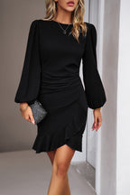 Elegant Black Ruffled Balloon Sleeve Mini Dress Luxury & Playful Statement Piece Simple Dress Stevvex