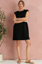 Black Textured Cap Sleeve T Shirt Shift Mini Dress