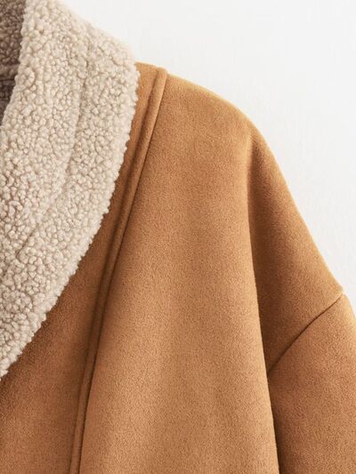 Fuzzy Collared Neck Long Sleeve Jacket with Buttoned Closure and Cozy Pockets Stevvex
