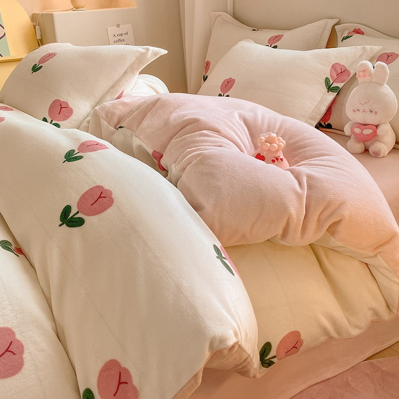 Winter Thickening Milk Fiber Bed Four-piece Coral Velvet Quilt Cover Flange Double-sided Bed Sheet Three-piece Bedding Pi-Mart