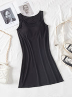 Classic Round Neck Wide Strap Mini Dress With Built-In Bra Comfortable Sleeveless Dress