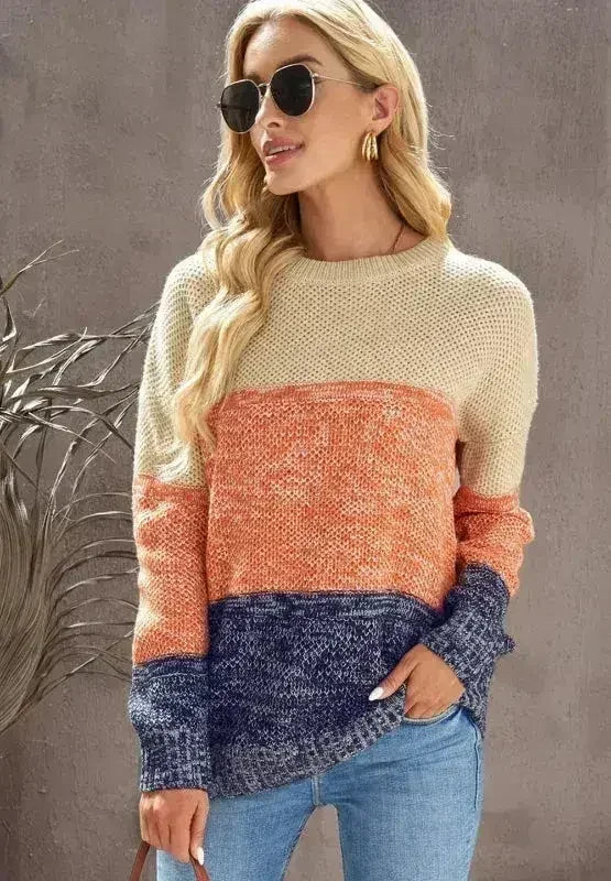 Color Block Round Neck Long Sleeve Sweater - SJB-DIAMOND ELITES