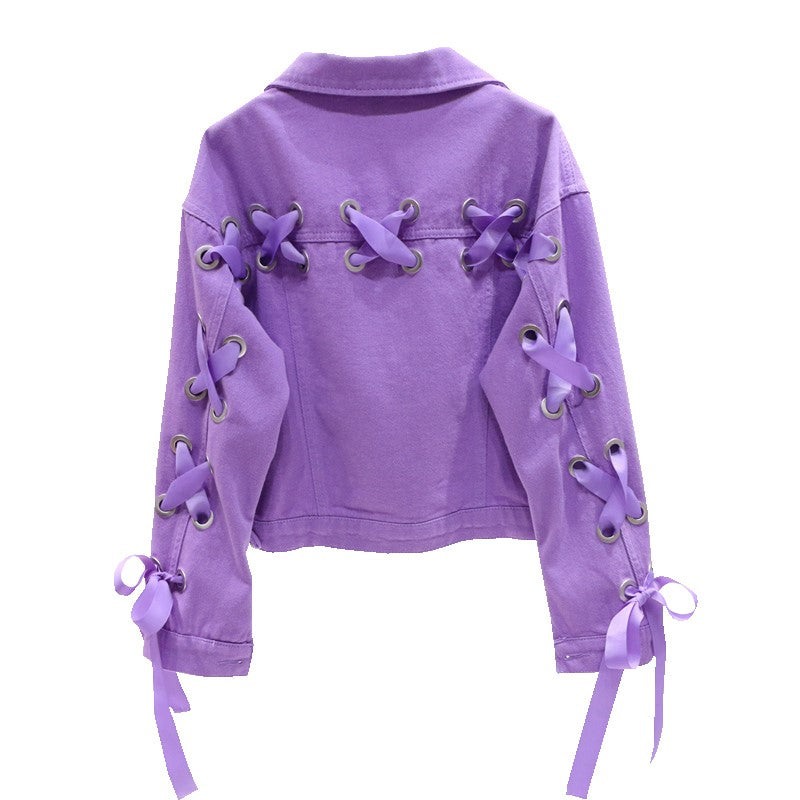 Short Denim Jacket, Bow Tie Jacket Top Purple