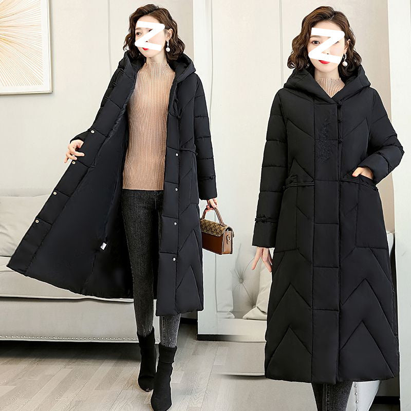 Plus Size Overknee Long Warm Hooded Cotton Jacket Pi-Mart