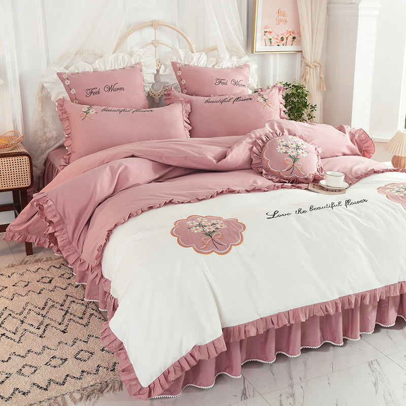 Summer Ruffled Cotton Four-piece Set Girl Heart Embroidery Flower Quilt Cover Pi-Mart