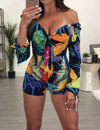 Ladies' Long Sleeved Vacation Elegant And Fashionable Plant Printed Cuffs With Drawstring Design, Chest Strap, Jumpsuit - SJB-DIAMOND ELITES