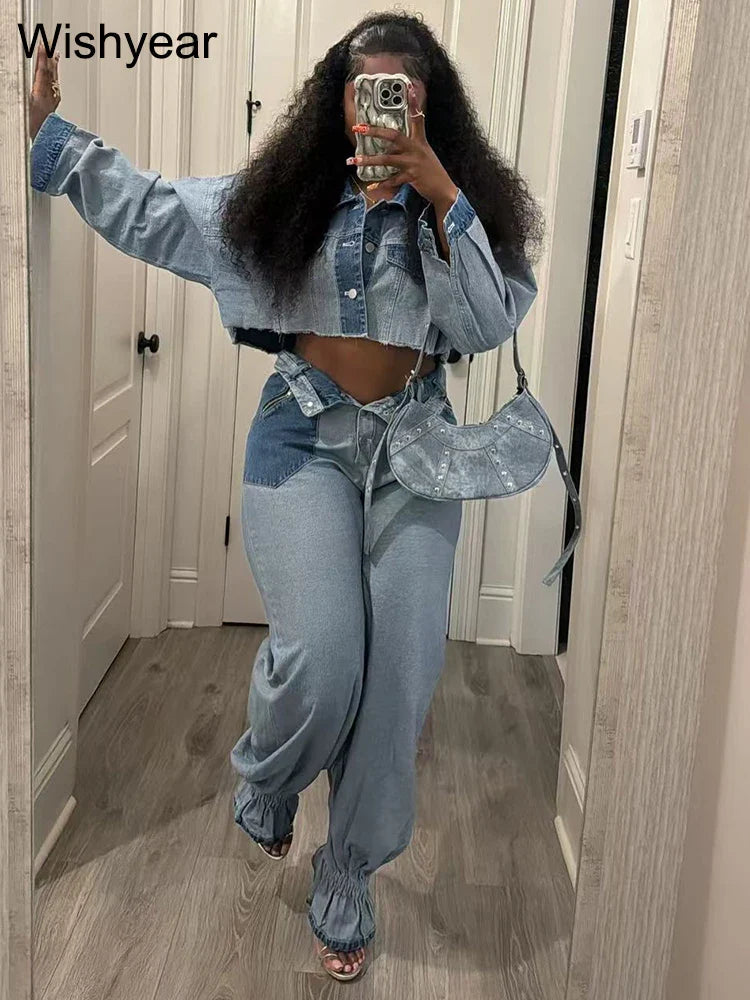 Streetwear Blue Patchwork Denim Two 2 Piece Pants Set Women Sales Long Sleeve Crop Tops and Flare Jeans Loose Matching Outfits Purplish Diva