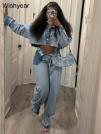 Streetwear Blue Patchwork Denim Two 2 Piece Pants Set Women Sales Long Sleeve Crop Tops and Flare Jeans Loose Matching Outfits Purplish Diva