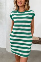 Simple Contrast Striped Round Neck Short Sleeve Mini Dress Casual & Comfortable Everyday Dress for Women Stevvex