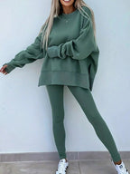 Oversized Slit Sweatshirt and Ribbed Leggings 2pcs Set THRIXINE