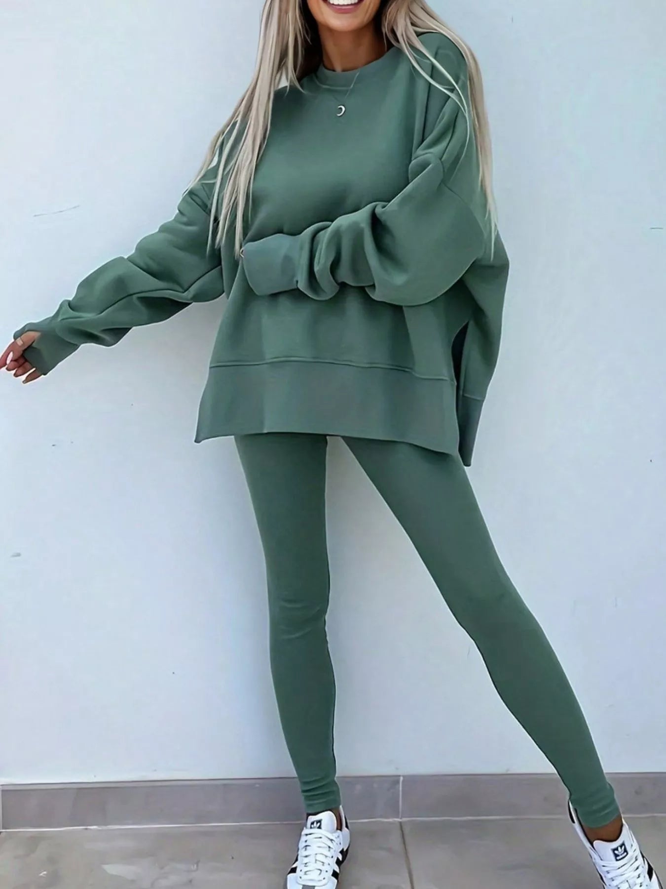 Oversized Slit Sweatshirt and Ribbed Leggings 2pcs Set THRIXINE