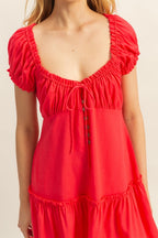 New Summer Ruched Frill Tiered Short Sleeve Mini Dress For Women – Playful, Sexy and Flirty Ruffled Mini Dress with Textured Ruched Detail Stevvex