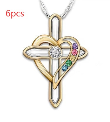 Cross Love Colorful Imitatio Gemstone Pendant Alloy Clavicle Chain Pi-Mart