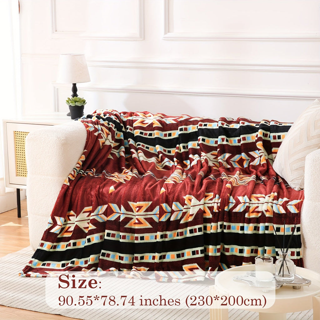 1pc Southwest Native American Flannel Polyester Throw Double-side Printed Blanket, Aztec Geometry Pattern Travel Couch Bed Blanket Plush Soft Lightweight Blanket For All Season Lootquake LLC