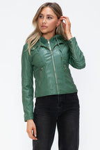 Women Classic Snobbish Faux Leather Zip-Up Drawstring Hooded Jacket Edgy & Casual PU Leather Jacket For Streetwear