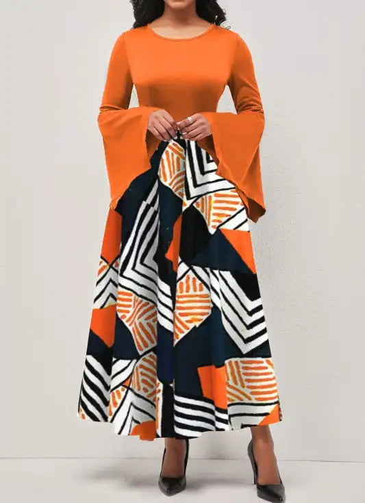 Ladies' Round Neck Printed Irregular Cuff Design Fashionable Dress - SJB-DIAMOND ELITES