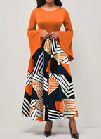 Ladies' Round Neck Printed Irregular Cuff Design Fashionable Dress - SJB-DIAMOND ELITES